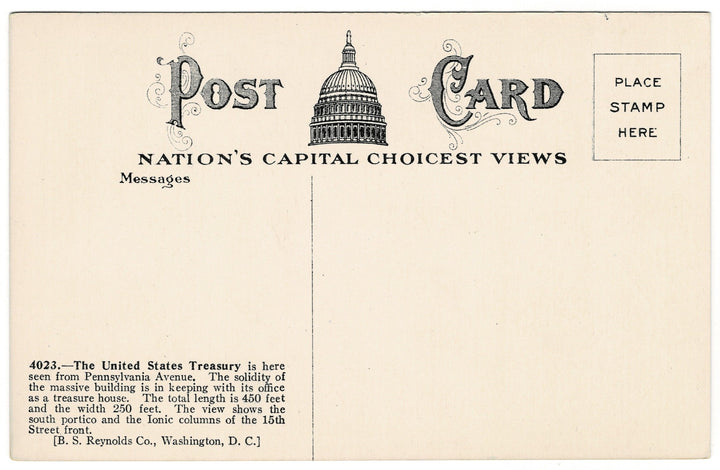 1922 US Treasury Building Washington D.C. Vintage postcard.