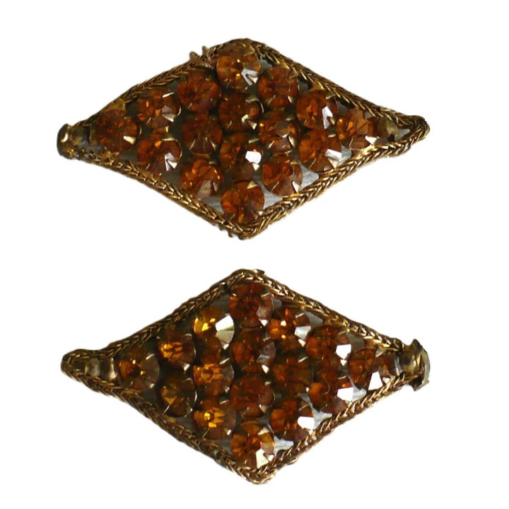 1930s Pair Topaz Rhinestones & Bronze Bullion Appliques
