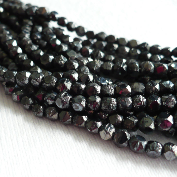1960s Vintage 3.5mm Mini Hanks Black Garnet Faceted Beads