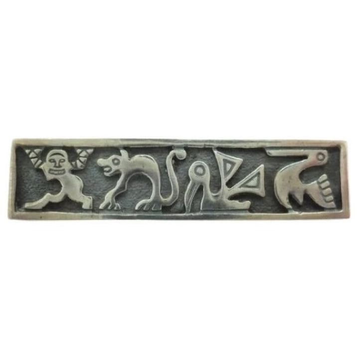 1920s Vintage Aztec Deities Bar Pin, Mexican Silver Renaissance Brooch.