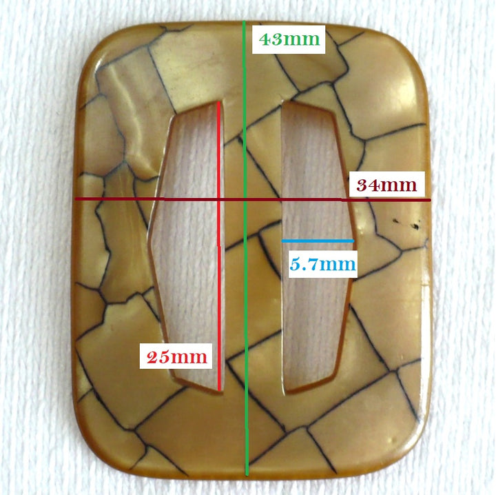 1940s Celluloid Slide Buckle Fits 25mm Insertion shows measurements.