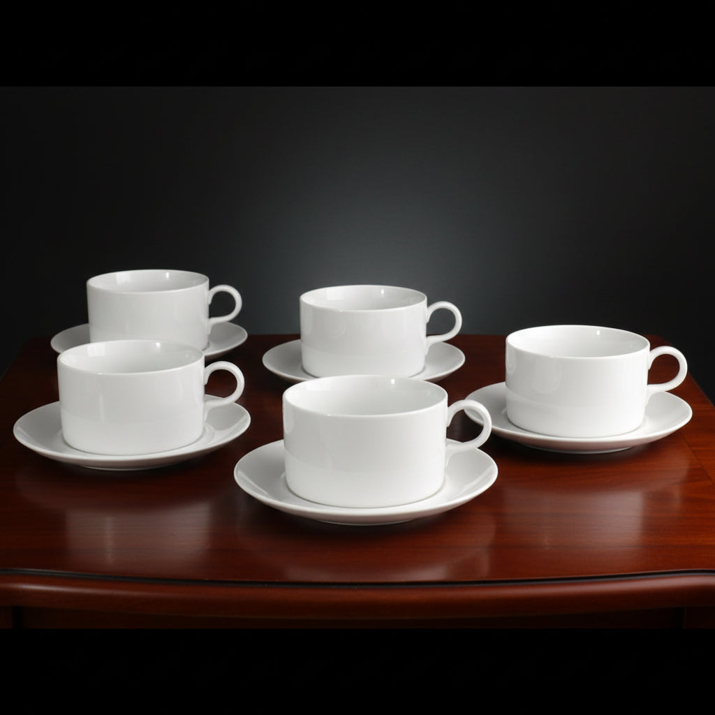 1960s coffee cups 1960 LaGardo Tackett White Tack Flat Cups & Saucers, Set of Five by Sc –  Get Lucky Vintage
