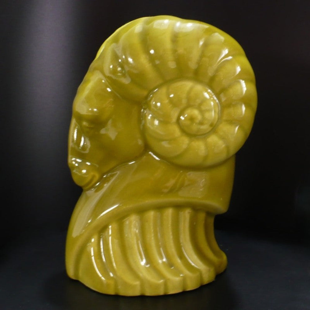 1940s Vintage Art Deco Chartreuse Green Ceramic Ram Planter.