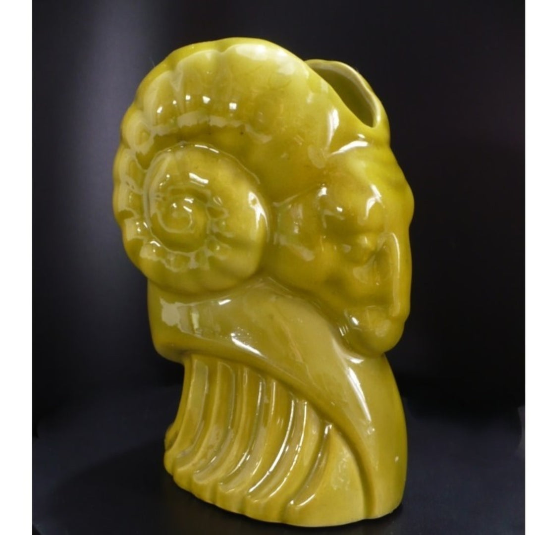 1940s Vintage Art Deco Chartreuse Green Ceramic Ram Planter.