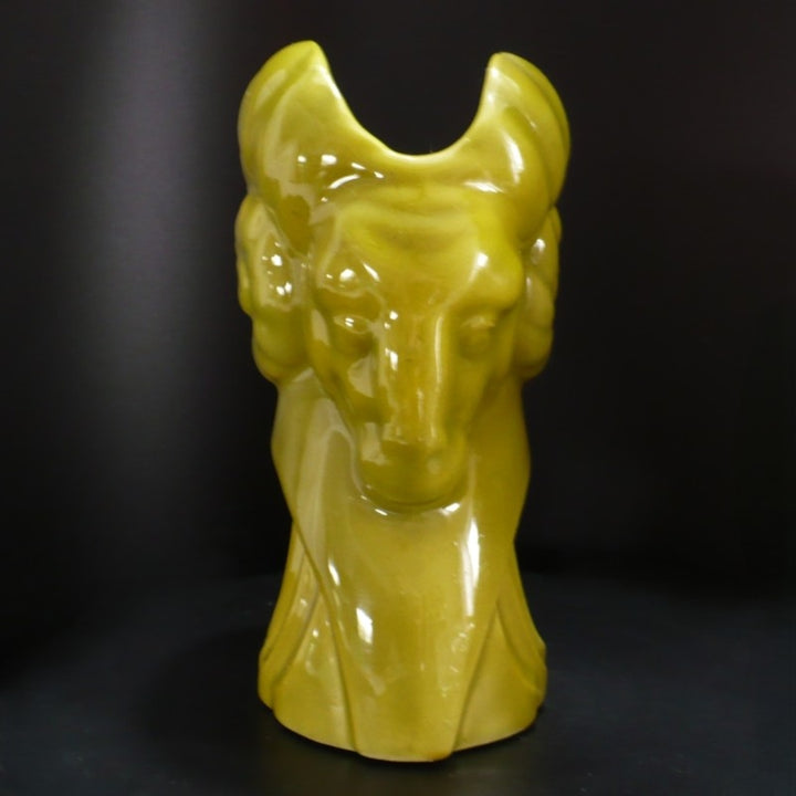1940s Vintage Art Deco Chartreuse Green Ceramic Ram Planter.