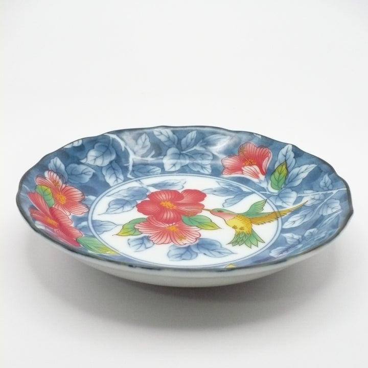 Vintage Japanese Kutani Porcelain Dish 4.6" Hummingbird & Hibiscus Design Circa 1970s.
