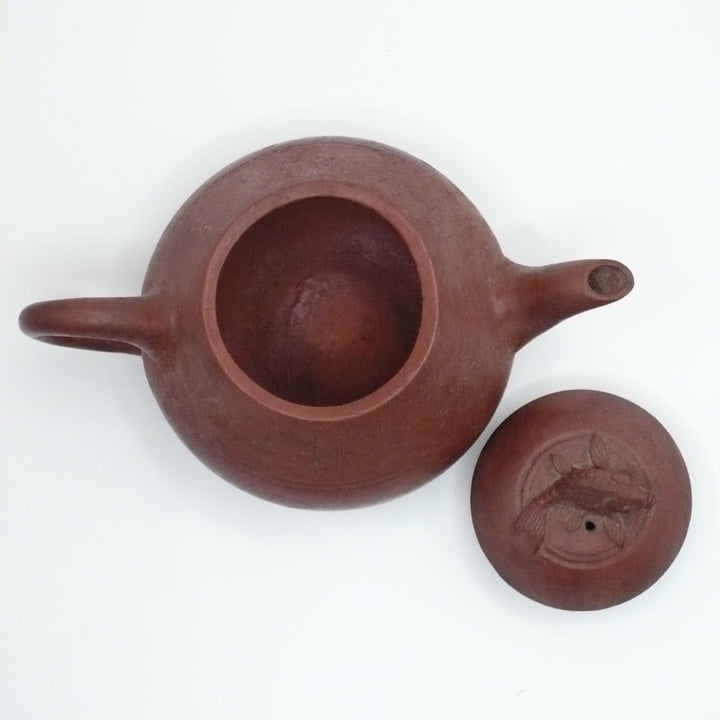 Late Qing Chaozhou Red Clay Teapot with Carp Finial & Mark.