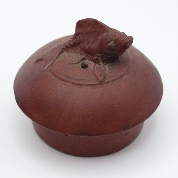 Late Qing Chaozhou Red Clay Teapot with Carp Finial & Mark.