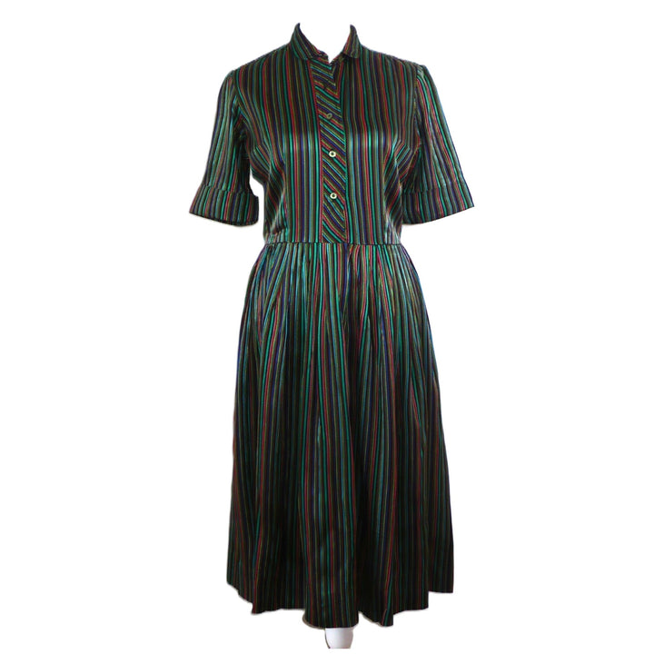 Medium 1960s Vintage Satin Jewel-tone Shirtwaist Day Dress, Very Audrey Hepburn Style.