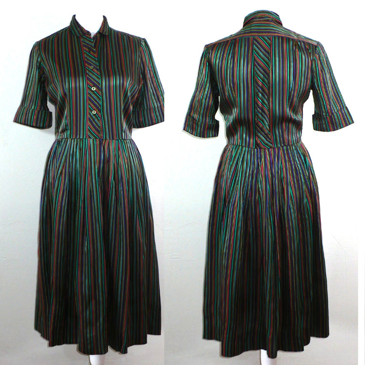Medium 1960s Vintage Satin Jewel-tone Shirtwaist Day Dress, Very Audrey Hepburn Style.