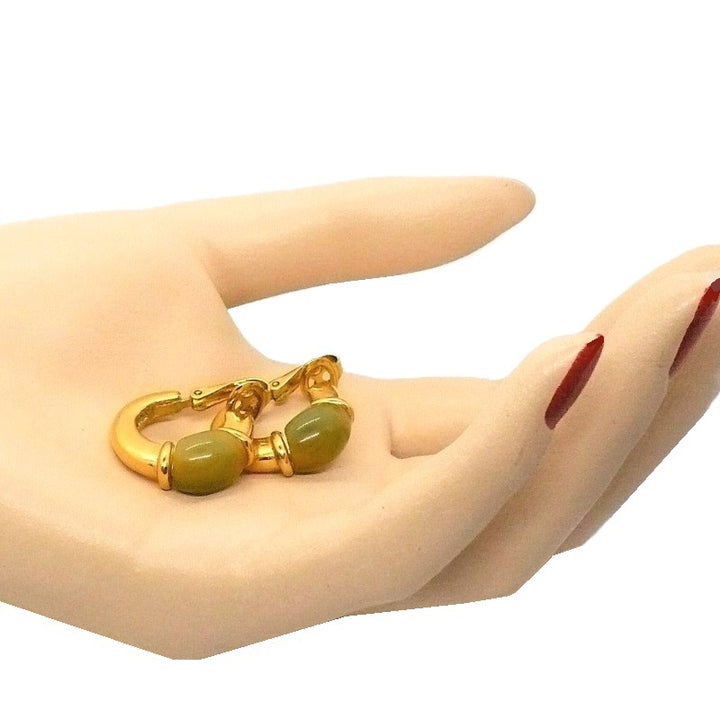 1970s Vintage Givenchy Designer Hoop Earrings, Signed Gold-tone and Olive Green Clip-on Earrings.