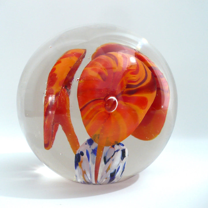 Mid Century Flamingo Flower Bouquet Vintage Art Glass Paperweight.