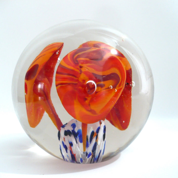 Mid Century Flamingo Flower Bouquet Vintage Art Glass Paperweight.