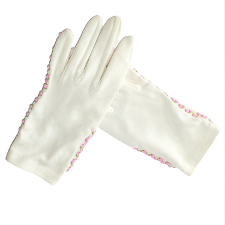 1950s Vintage Girls' Pink Roses Stretch Slip-on Gloves Youth Size 5.