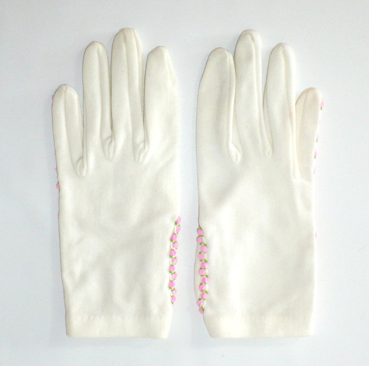1950s Vintage Girls' Pink Roses Stretch Slip-on Gloves Youth Size 5.