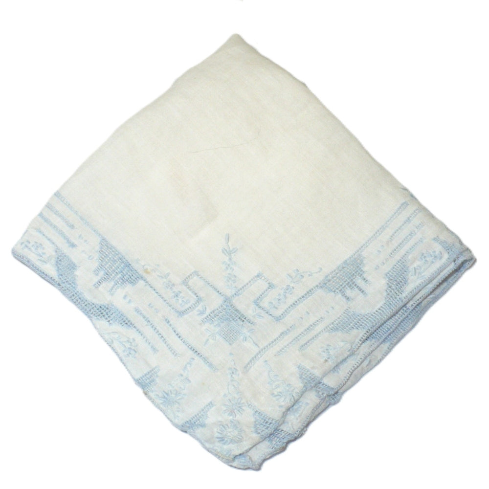 1800s Antique Micro-Embroidery Bluework Hardanger Handkerchief.