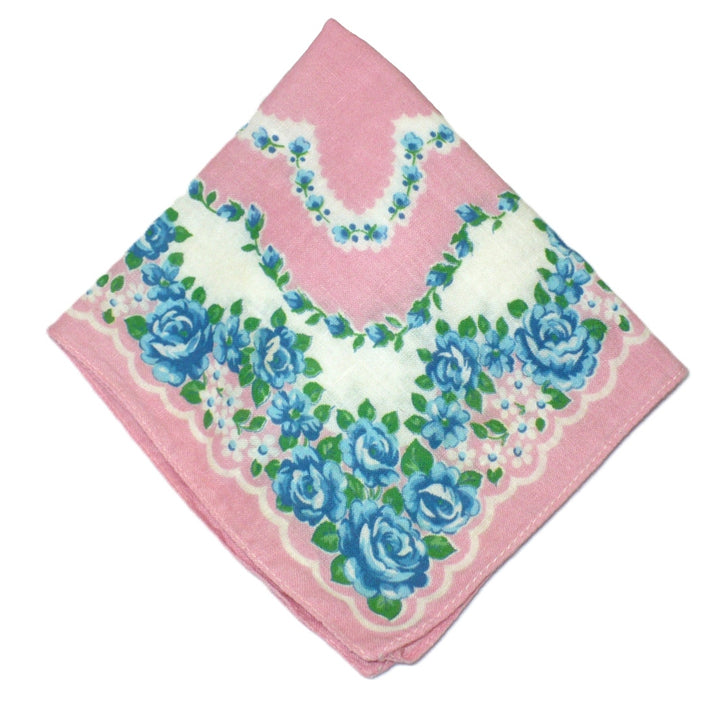 1960s Vintage Pink With Blue Roses Floral Print Lawn Handkerchief.