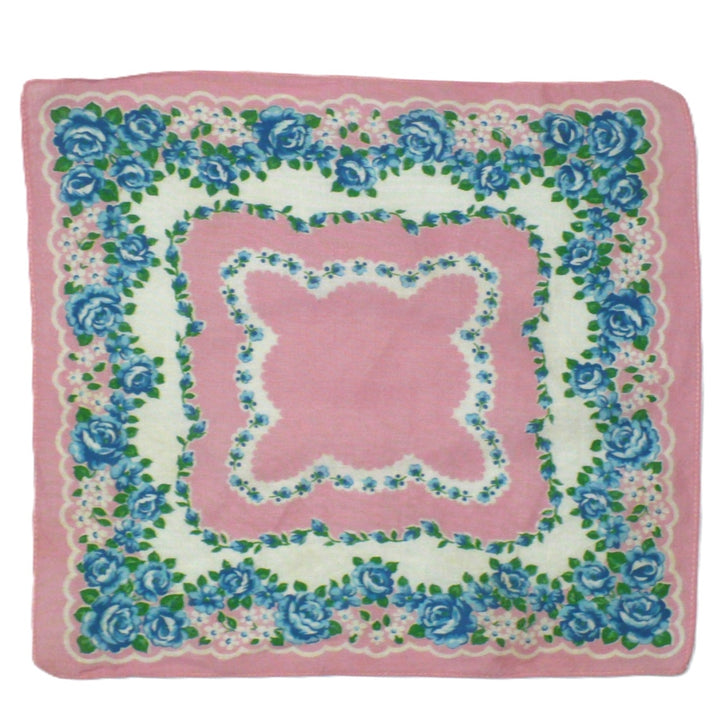 1960s Vintage Pink With Blue Roses Floral Print Lawn Handkerchief.