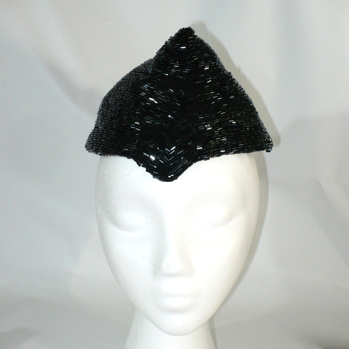 1950 Vintage Black Beaded Posh Pixie Hat, Bespoke Ladies Calot Hat.