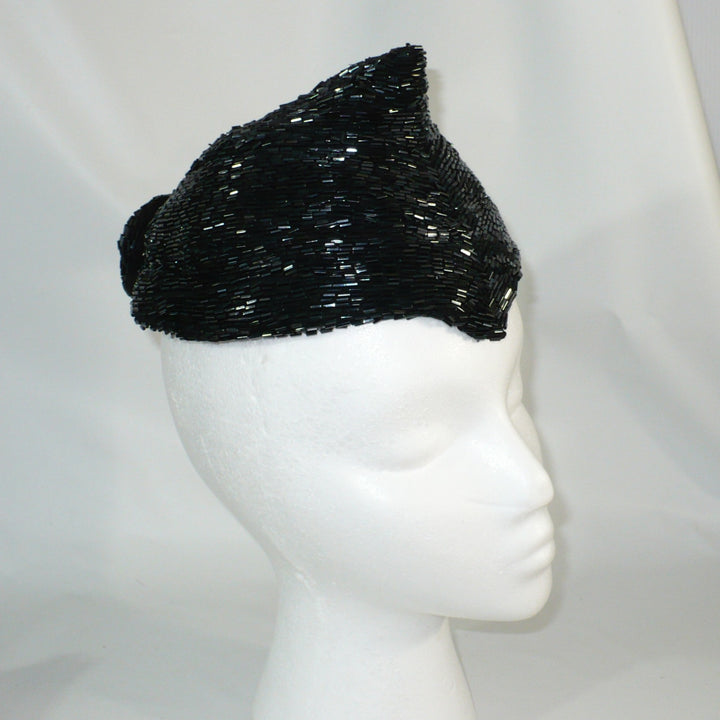 1950 Vintage Black Beaded Posh Pixie Hat, Bespoke Ladies Calot Hat.
