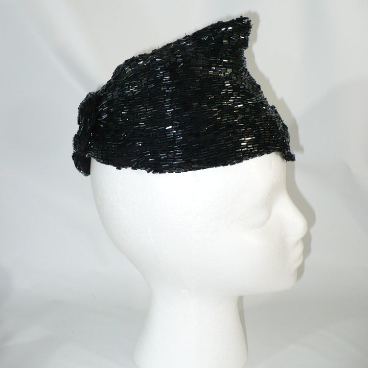 1950 Vintage Black Beaded Posh Pixie Hat, Bespoke Ladies Calot Hat.