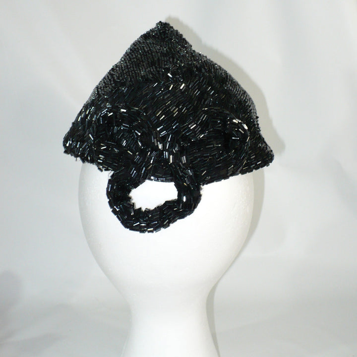 1950 Vintage Black Beaded Posh Pixie Hat, Bespoke Ladies Calot Hat.