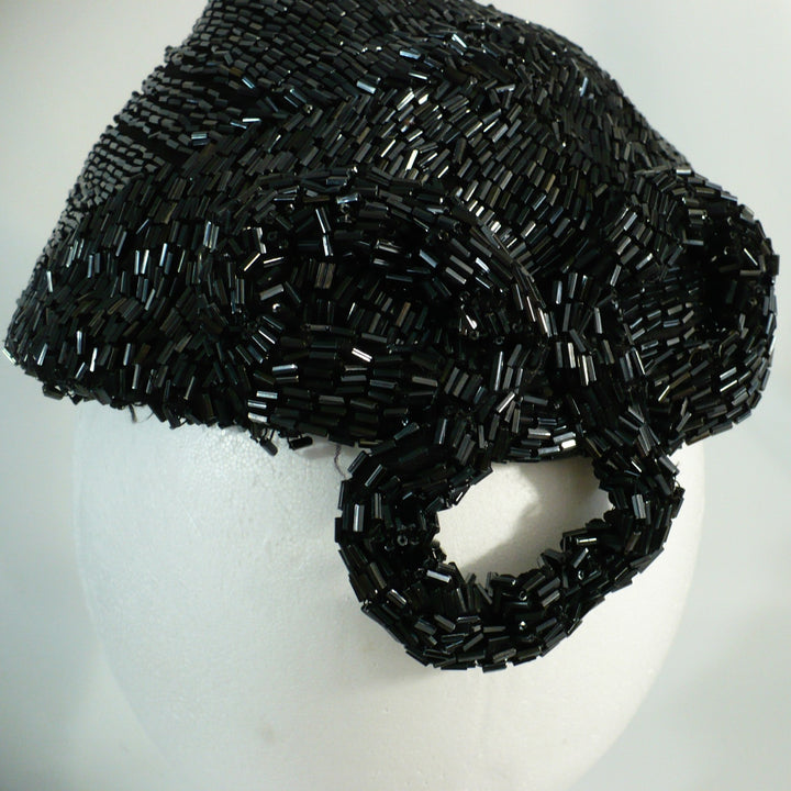 1950 Vintage Black Beaded Posh Pixie Hat, Bespoke Ladies Calot Hat.