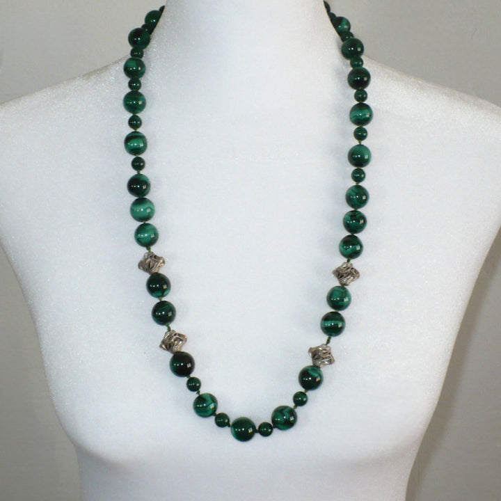 Vintage Green Malachite Beaded Necklace With Silver Accents.