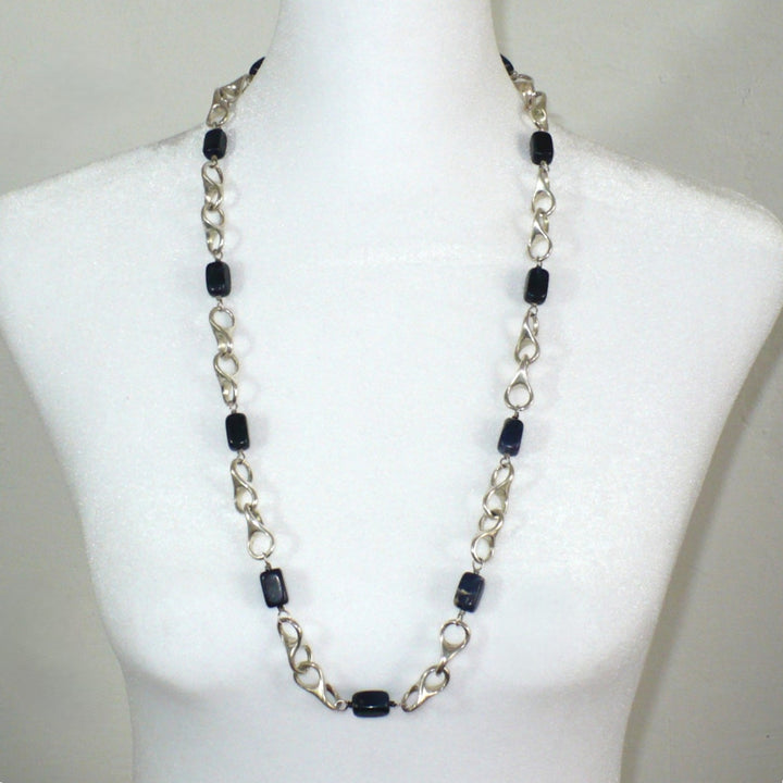 1970 Vintage Sterling Silver Artisan Link Sodalite Station Necklace .