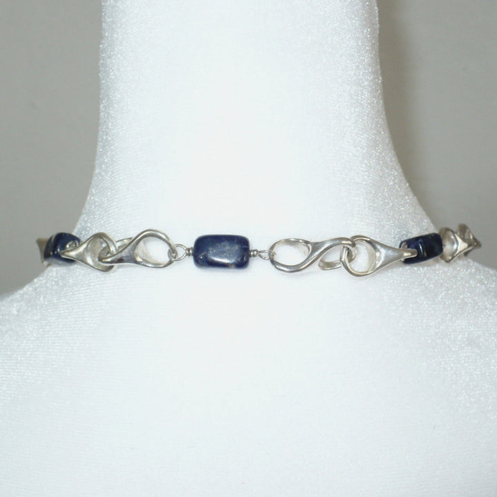1970 Vintage Sterling Silver Artisan Link Sodalite Station Necklace .