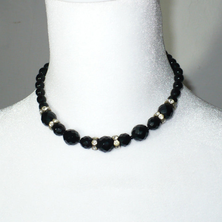 1950s Vintage Black Czech Glass Bead Cocktail Choker Necklace.