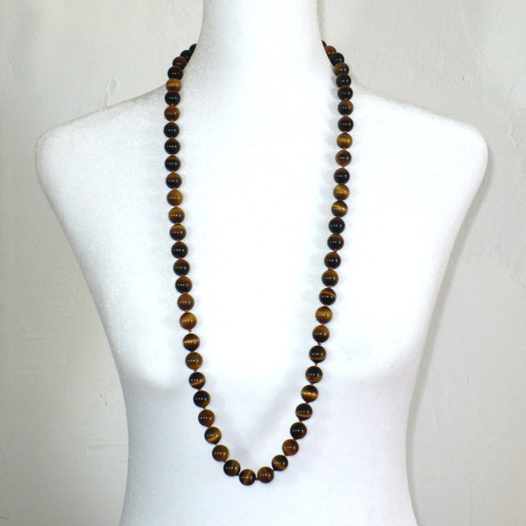 1970s Vintage Tiger's Eye Beaded Gemstone Hand-Knotted Necklace 34".