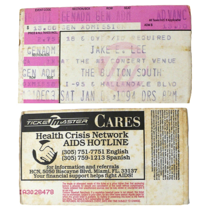 Jake E. Lee Shirt & Fine Pink Mist Tour 1994 Ticket stub front and back.