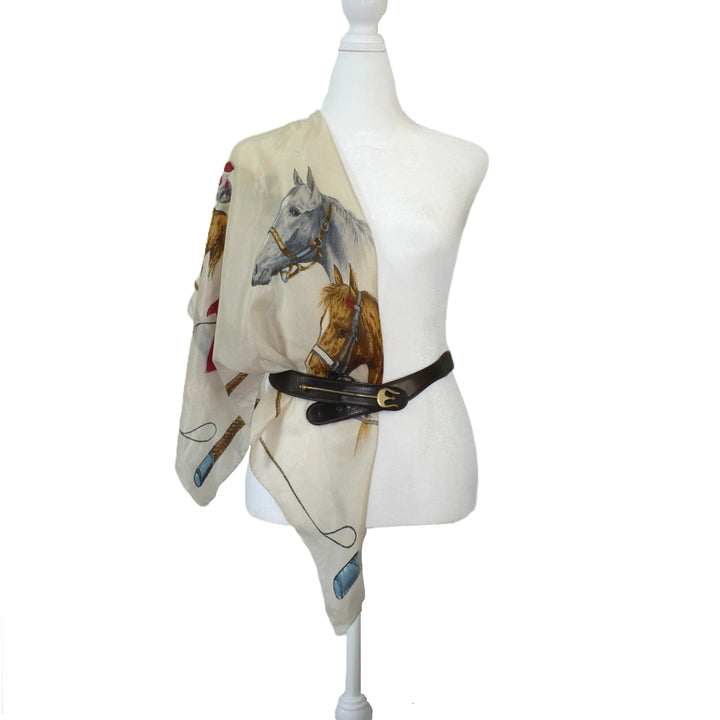1950s Vintage Equestrian Polo Themed Large Square Silk Scarf, Versatile .