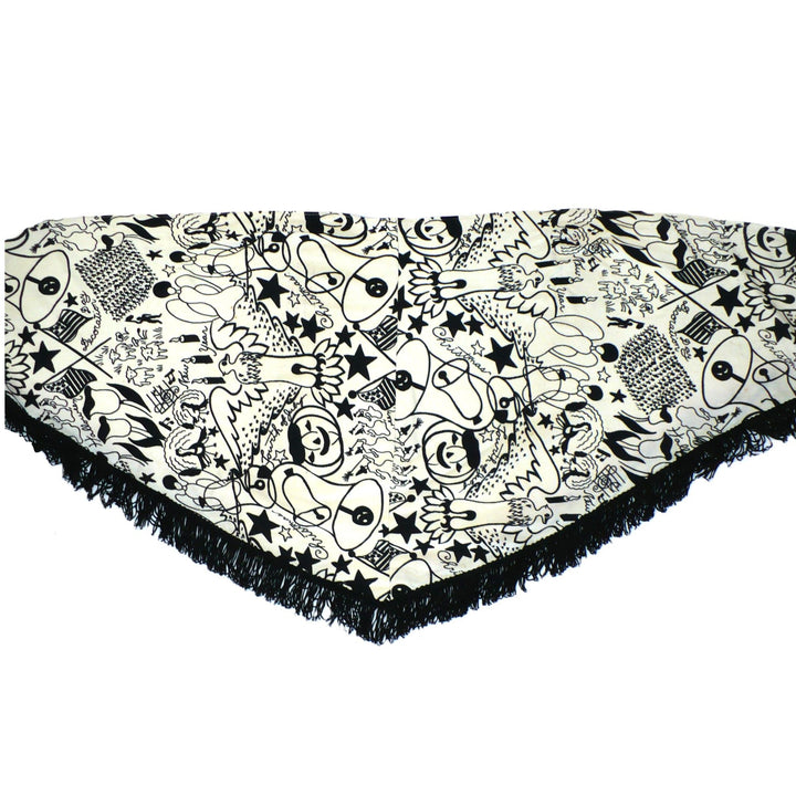 1960s Vintage Black Graphic Holidays Novelty Print Fringed Shawl.