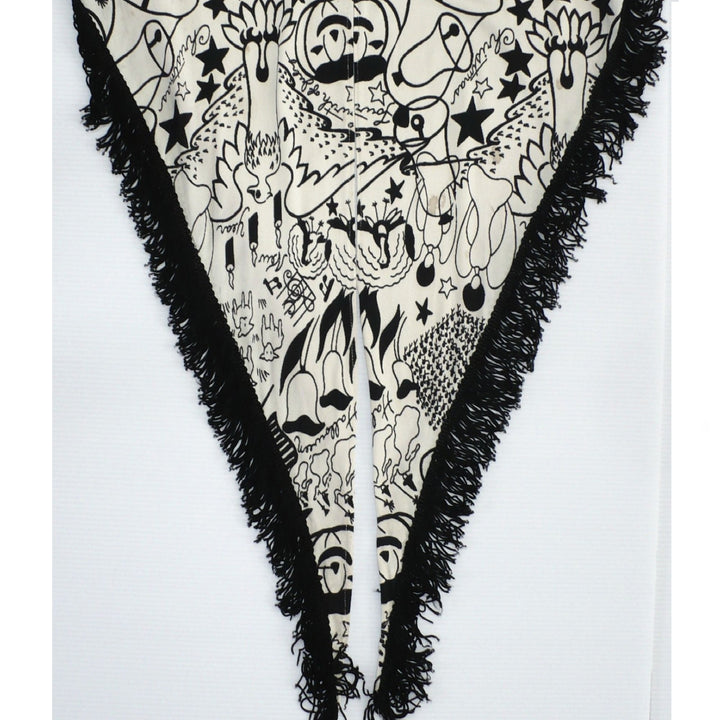 1960s Vintage Black Graphic Holidays Novelty Print Fringed Shawl.