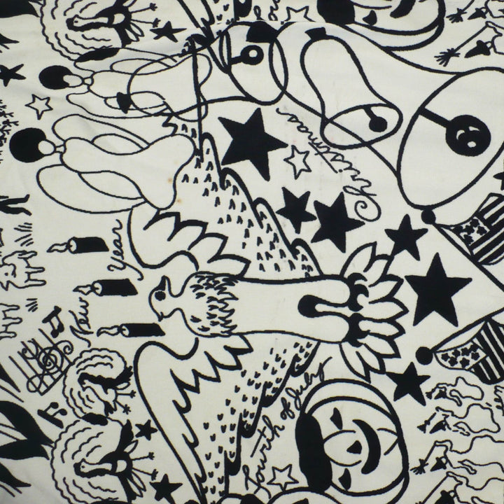 1960s Vintage Black Graphic Holidays Novelty Print Fringed Shawl.