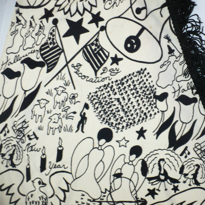 1960s Vintage Black Graphic Holidays Novelty Print Fringed Shawl.