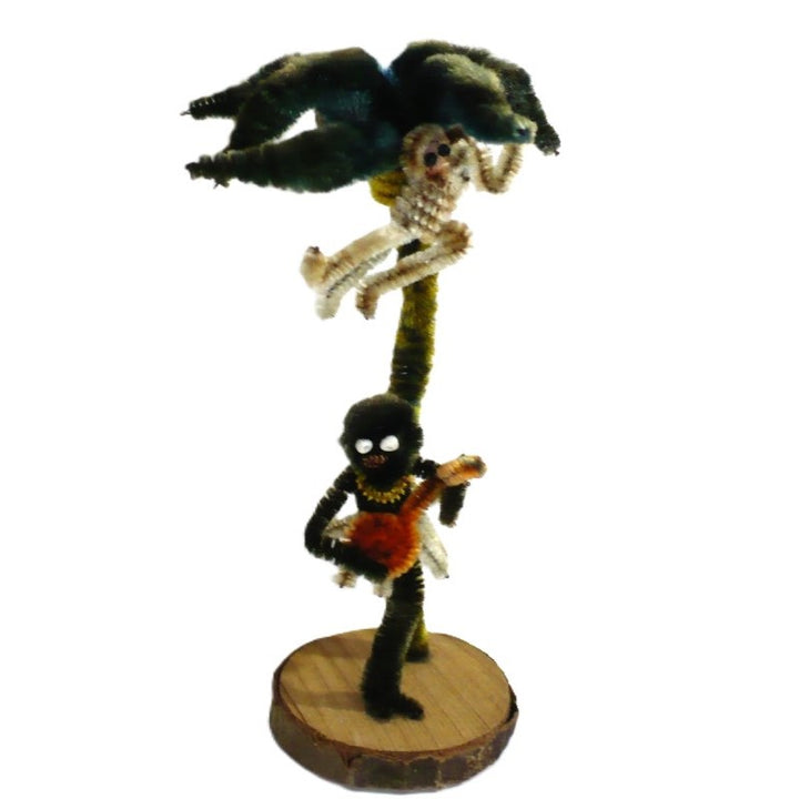 Vintage Tiki Pipe Cleaner Doll. Caribbean Banjo Musician, Monkey, Palm Tree.