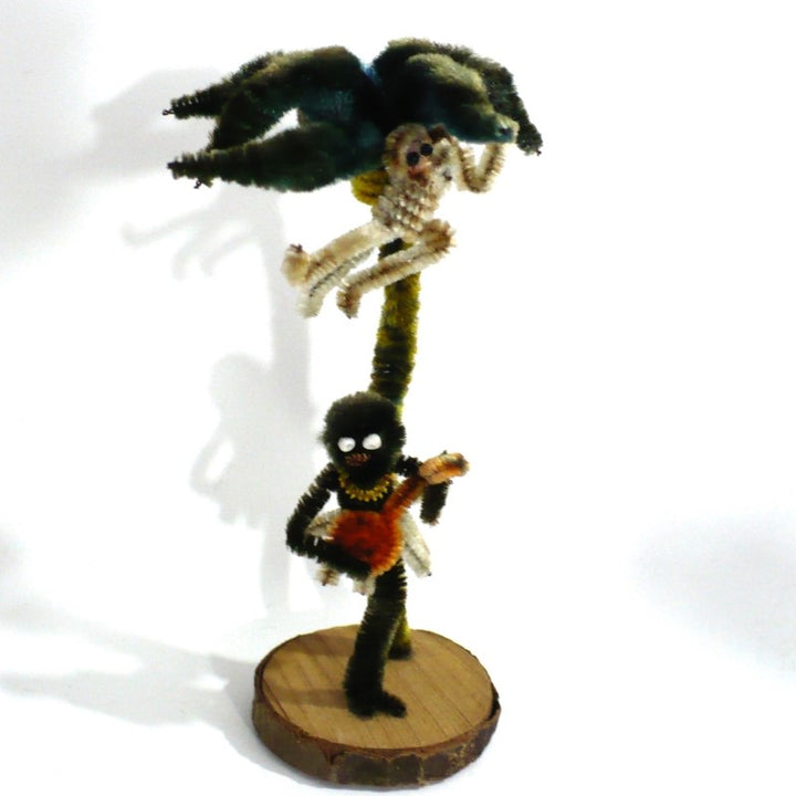 Vintage Tiki Pipe Cleaner Doll. Caribbean Banjo Musician, Monkey, Palm Tree.