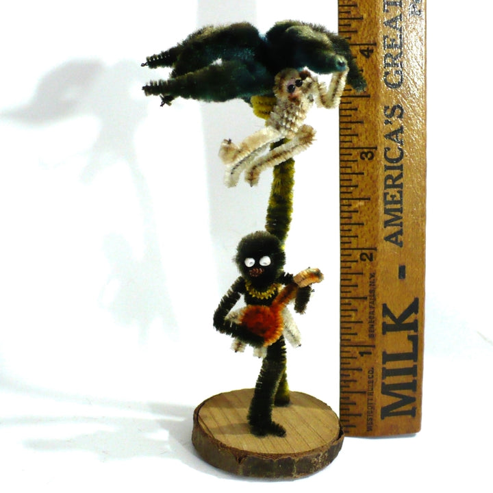 Vintage Tiki Pipe Cleaner Doll. Caribbean Banjo Musician, Monkey, Palm Tree.