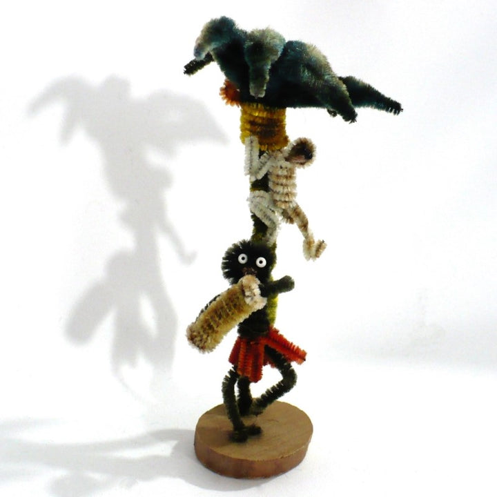 Vintage Tiki Pipe Cleaner Doll. Caribbean Concertina Musician, Monkey, Palm Tree.