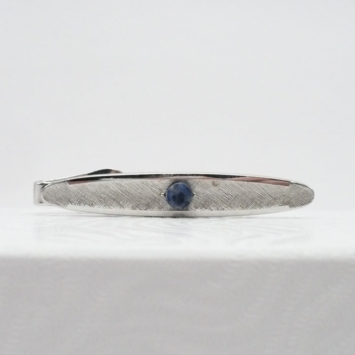 1960s Silver Tone Atomic Oval Tie Clip, Blue Sodalite Stone Vintage Tie Bar.