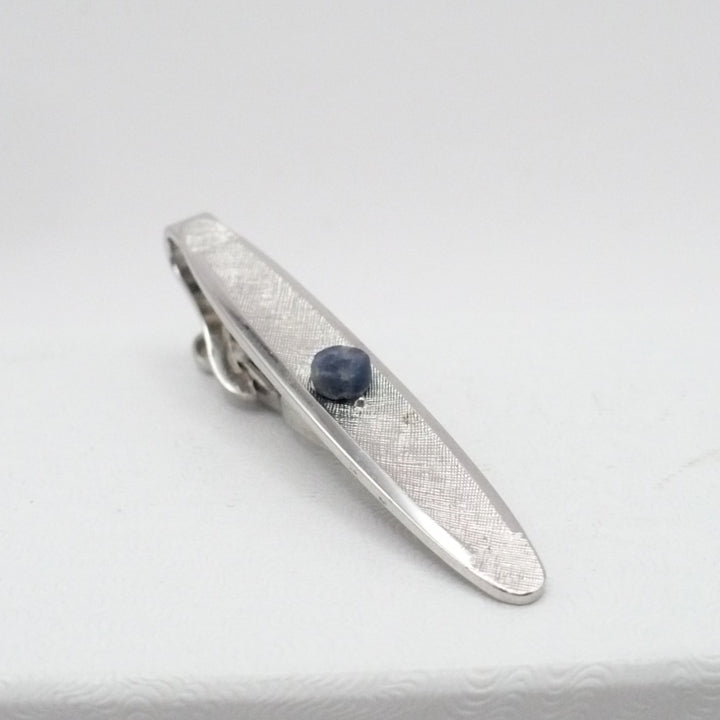 1960s Silver Tone Atomic Oval Tie Clip, Blue Sodalite Stone Vintage Tie Bar.