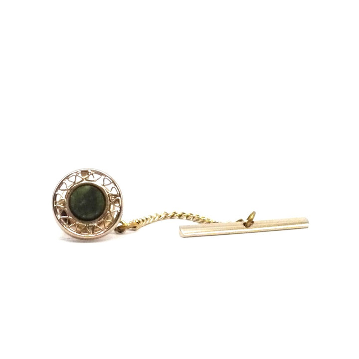 Vintage jade tie tack with chain and bar.