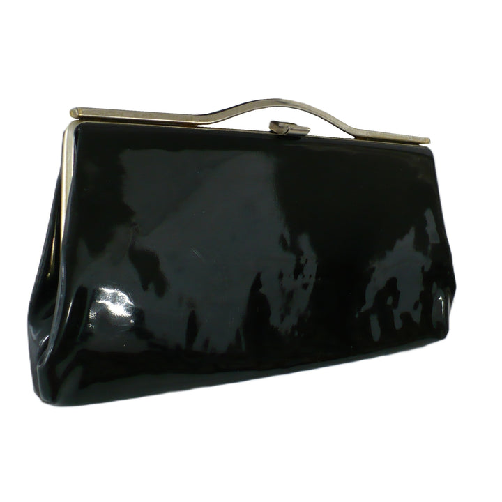 1964 Vintage Black Patent-look Cutout Handle Long Slender Handbag.