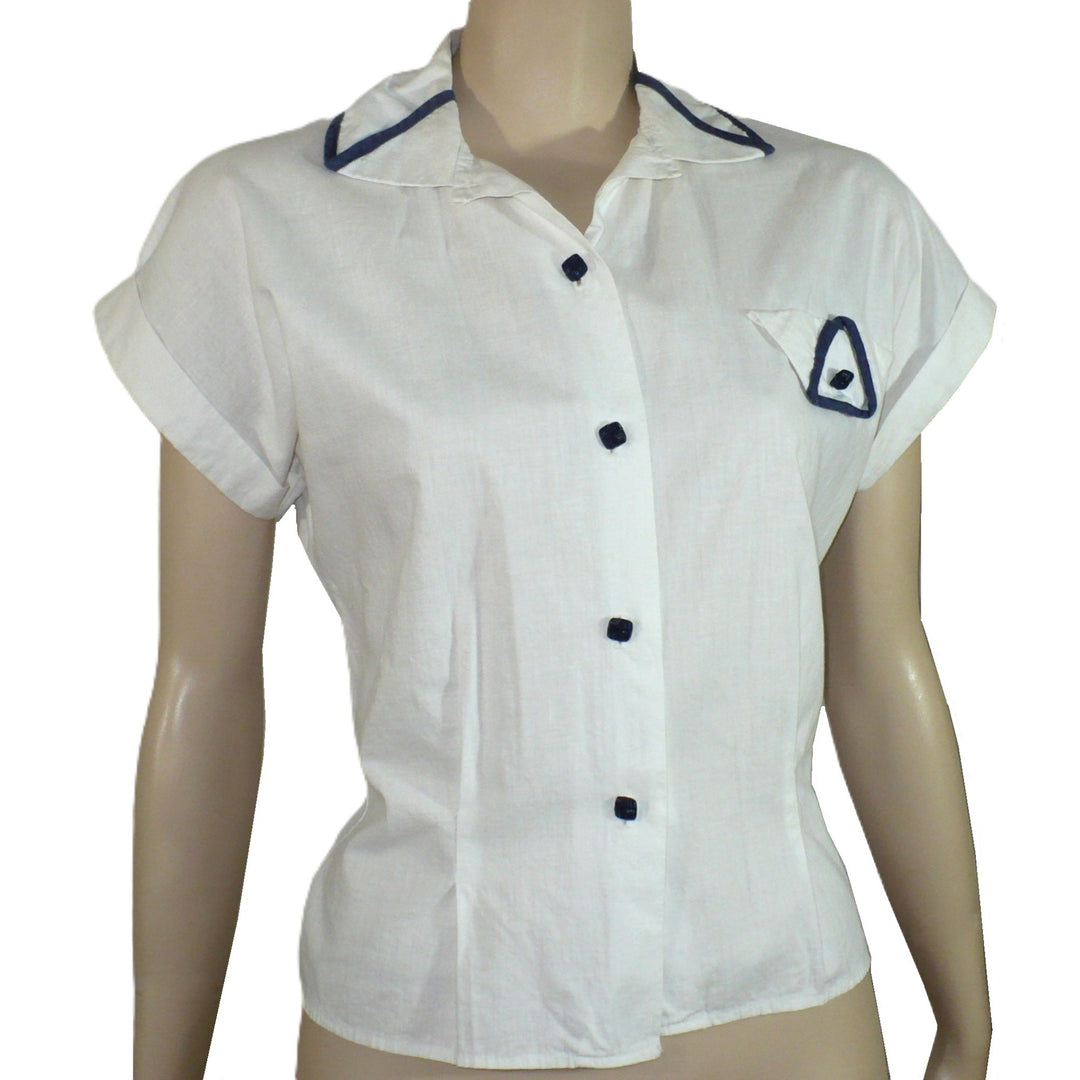 1940 1950 Vintage White Cotton Summer Blouse Navy Trim Nipped Waist.