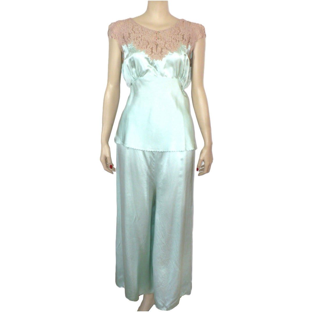 1930s Vintage Seafoam Satin Camisole Pajamas, Loungewear.