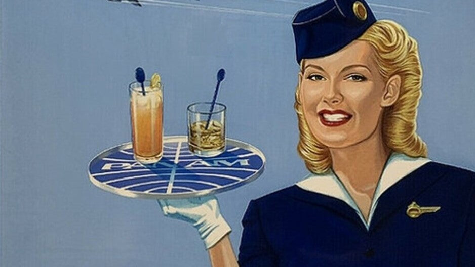 Vintage Pan Am advertisement illustration featuring a flight attendant serving drinks with the Pan Am logo below