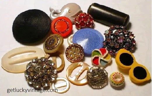 Antique vintage buttons and jeweler's caliper showing precise measurements and sizing chart